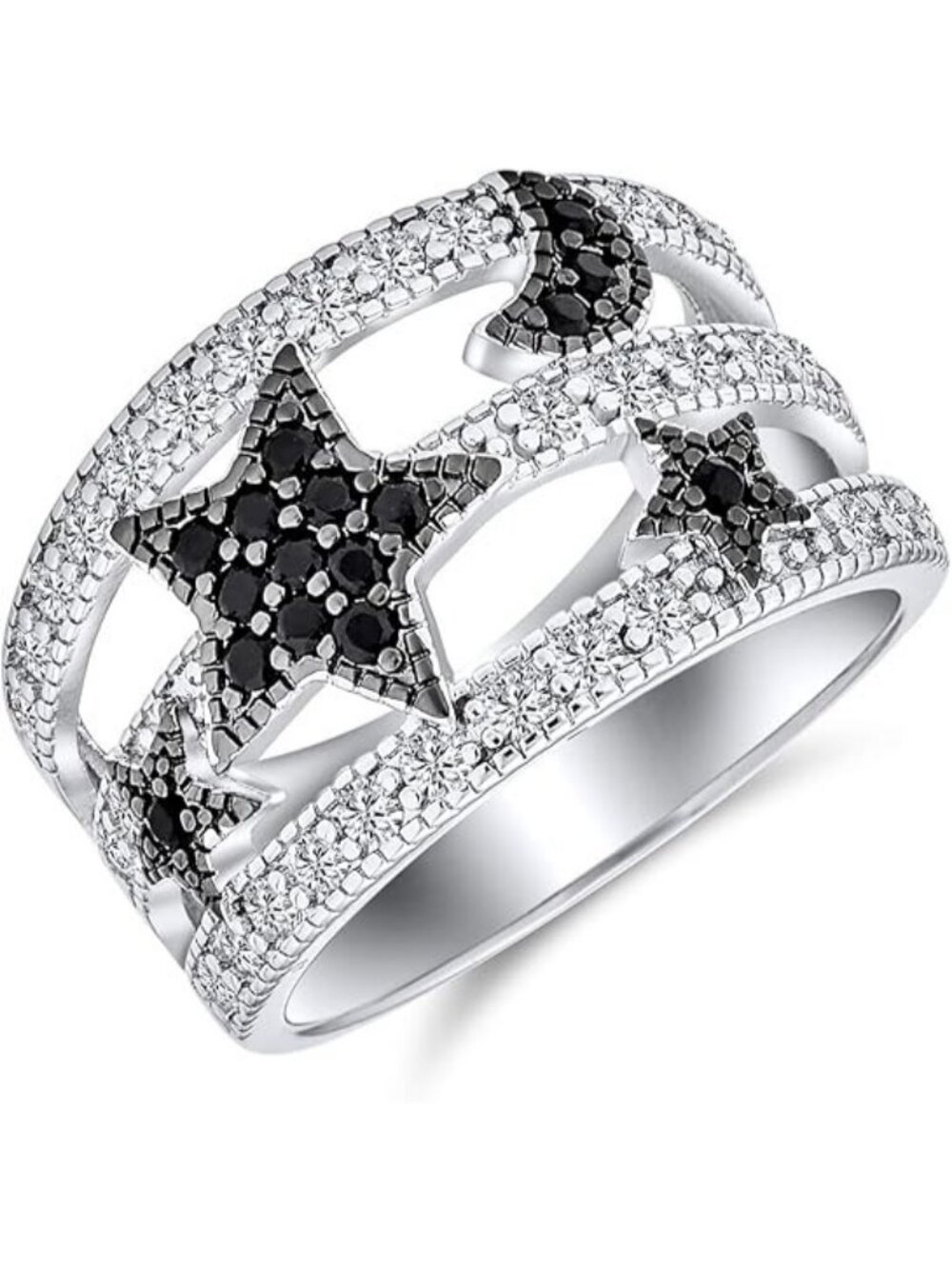 Black White Pave Cubic Zirconia CZ Fashion Celestial Patriotic USA Ring
